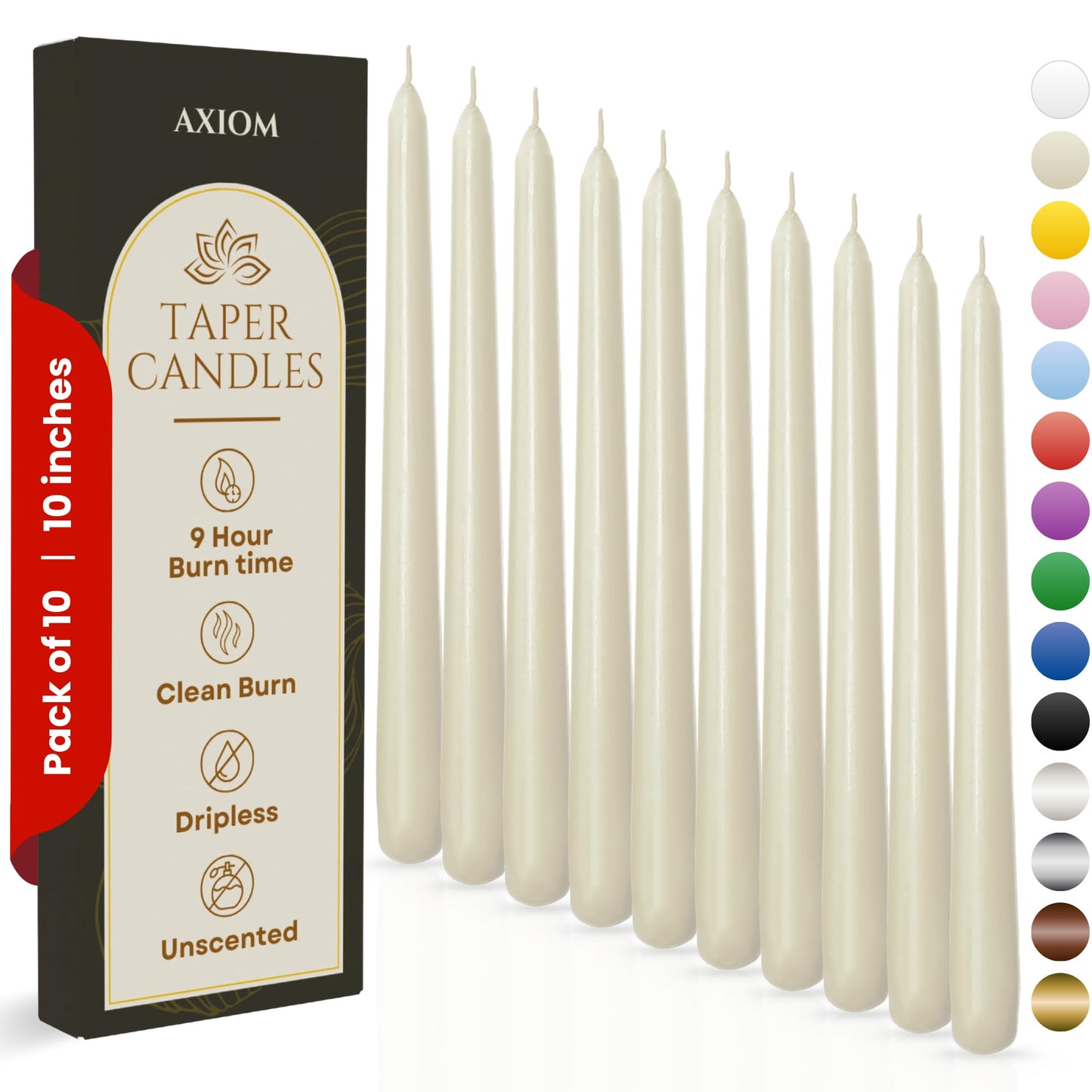 Axiom Candles - 10 Inch Dripless - Ivory Taper Candle Smokeless Tall Candle Sticks - 9 Hour Burn Time - Tapered Candles for Home, Dinners, Weddings, Parties (Unscented Pack of 10)