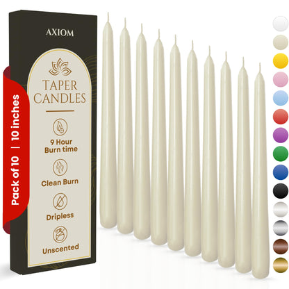 Axiom Candles - 10 Inch Dripless - Ivory Taper Candle Smokeless Tall Candle Sticks - 9 Hour Burn Time - Tapered Candles for Home, Dinners, Weddings, Parties (Unscented Pack of 10)