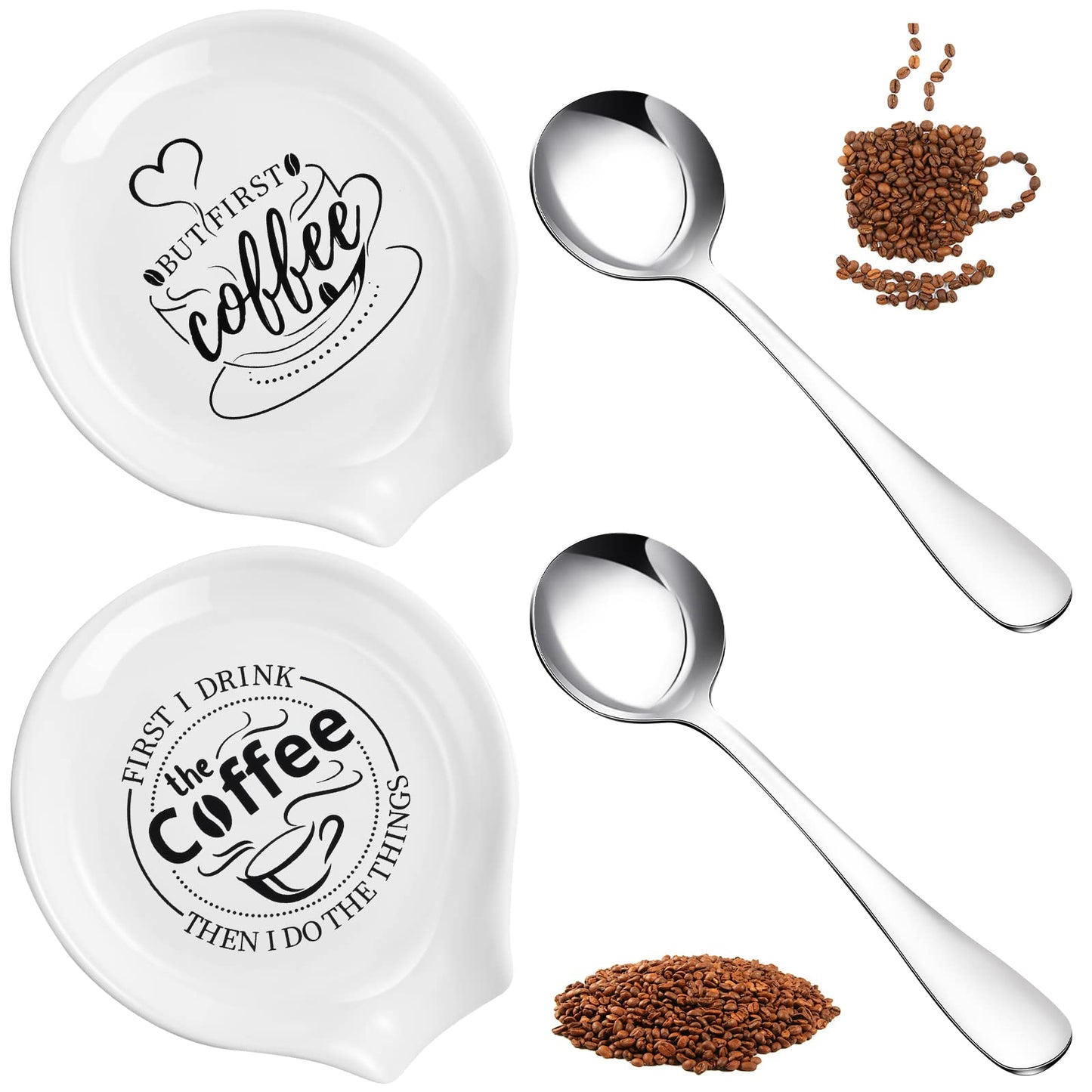 Gandeer 4 Pieces Coffee Spoon Rest and Teaspoon Funny Quote Ceramic Spoon Holder Rests for Station Decor Stove Top Countertop Kitchen Accessories Nice Present for Coffee Lovers