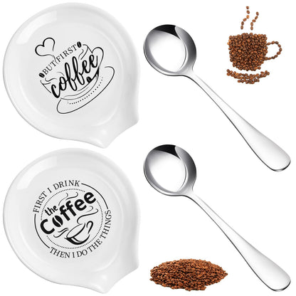 Gandeer 4 Pieces Coffee Spoon Rest and Teaspoon Funny Quote Ceramic Spoon Holder Rests for Station Decor Stove Top Countertop Kitchen Accessories Nice Present for Coffee Lovers