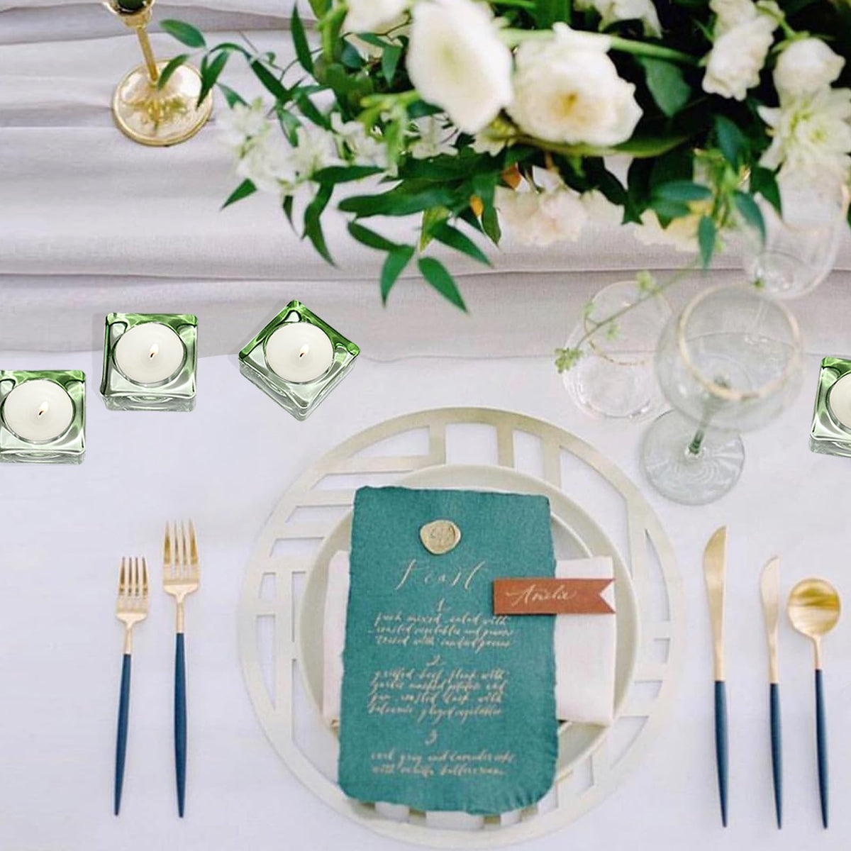 CHOCSTAY Tealight Candle Holder Set of 6, Green Glass Candle Holder Heat-Resistant Square Holders for Wedding, Party, Home Décor