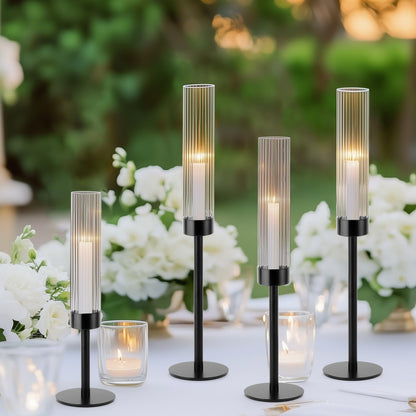Black Hurricane Candle Holders, Set of 6 Glass Taper Candlestick Holders Metal Candle Stands Bulk with Ribbed Glass Cover for Dining Tables Wedding Candelabra Centerpieces Decor
