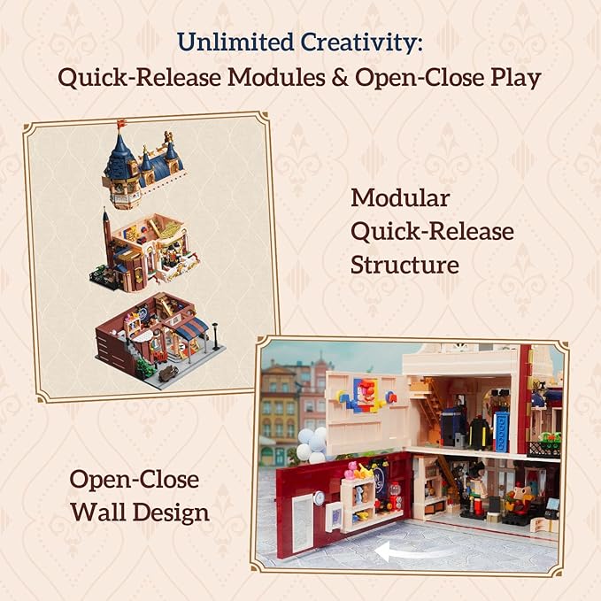 Architecture Studio and Toy Shop Modular Building Set 3 Story Modern Office with LED Lighting and European Castle Style Toy Store Urban Street Scene Brick Model with Minifigures