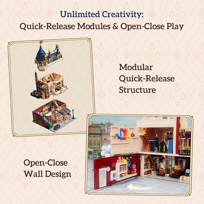 Architecture Studio and Toy Shop Modular Building Set 3 Story Modern Office with LED Lighting and European Castle Style Toy Store Urban Street Scene Brick Model with Minifigures