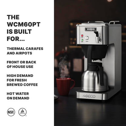 Waring Commercial Café Deco Thermal Coffee Brewer, 3.9 Gallons per Hour, Fits Large 64 oz Thermal Carafes, Stainless Steel, Front Mounted Faucet, NSF Certified, WCM60PT