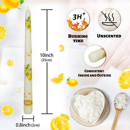 Floral Taper Candles 10 Inch Tall Unscented Handmade Beige Lemon Print Long Burning Elegant Candlesticks for Wedding Dinner Home Decor