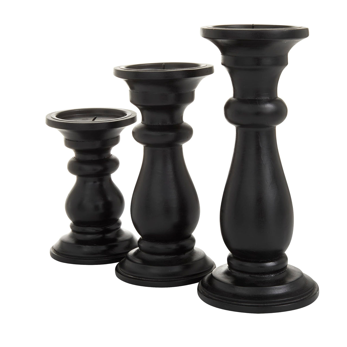 Deco 79 Mango Wood Decorative Candle Holder Turned Style Pillar Candle Stand, Set of 3 Candlestick Holder 10", 8", 6"H, Black