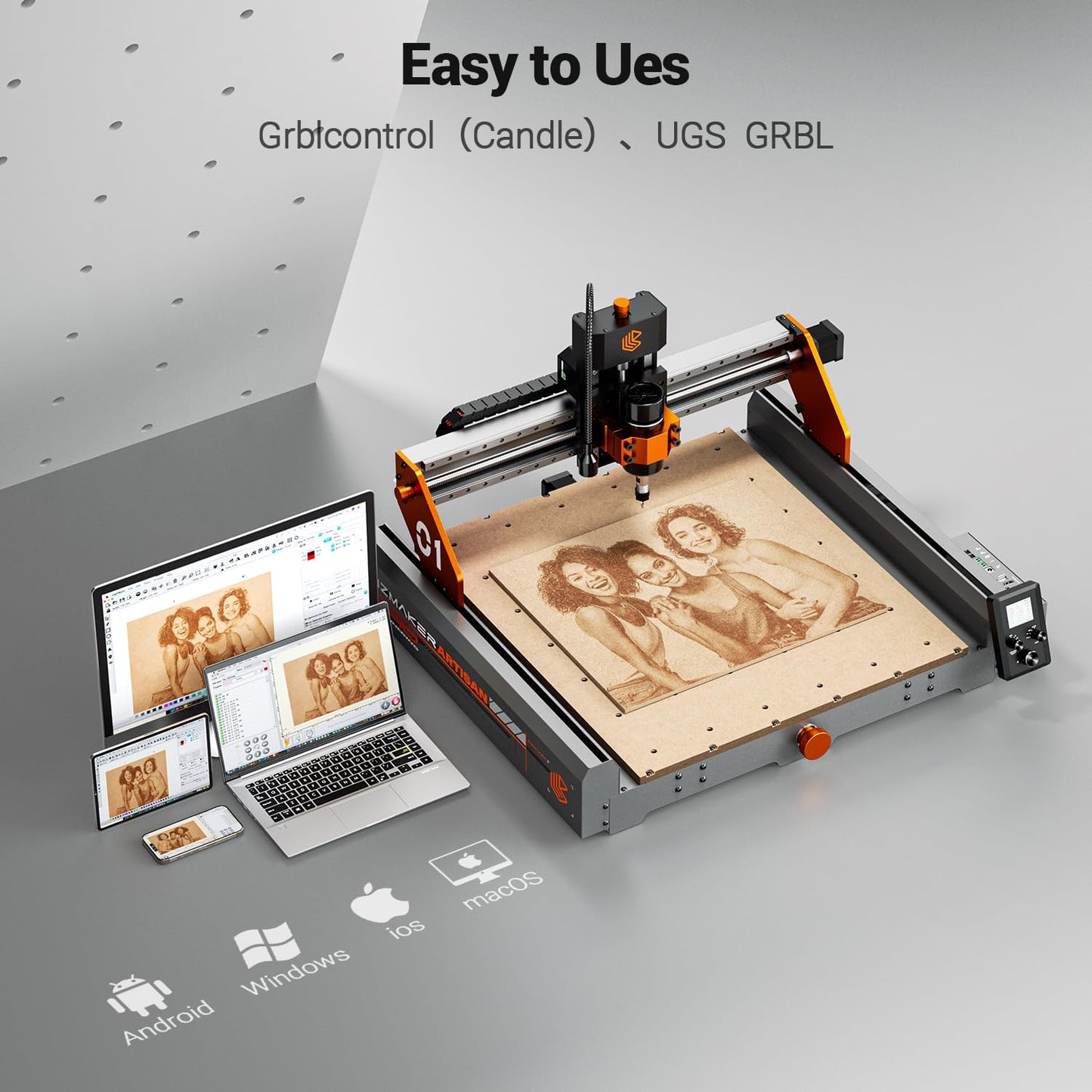 Artsian 01 CNC Router Machine 12000 RPM 300W GRBL Control 3-Axis Engraving 0.1mm Accuracy Spindle Laser Mode Switch Industrial Workrange 16.53''x16.53''x3.54'' Engraver 98% Pre-Assembled