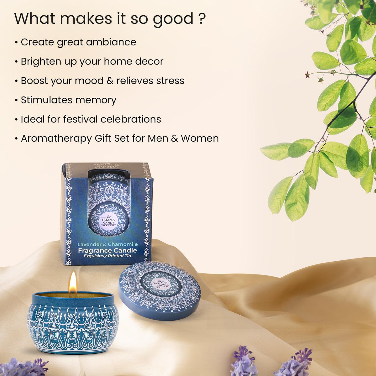 BRYAN & CANDY Scented Candles Diwali Gift Set for Women & Men Lavender & Chamomile,100 Gm Each Soy Wax Eco Friendly Printed Tin