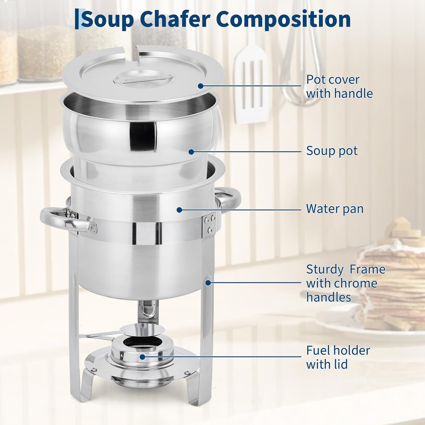 Commercial 11QT Soup Chafer Set, 2 Pack Stainless Steel Round Food Warmers Set with Pot, Notched Lids & Fuel Containers, Soup Warmers Ideal for Buffet Service & Event Catering