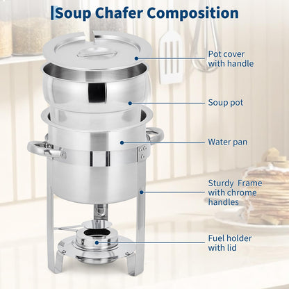 Commercial 11QT Soup Chafer Set, 2 Pack Stainless Steel Round Food Warmers Set with Pot, Notched Lids & Fuel Containers, Soup Warmers Ideal for Buffet Service & Event Catering