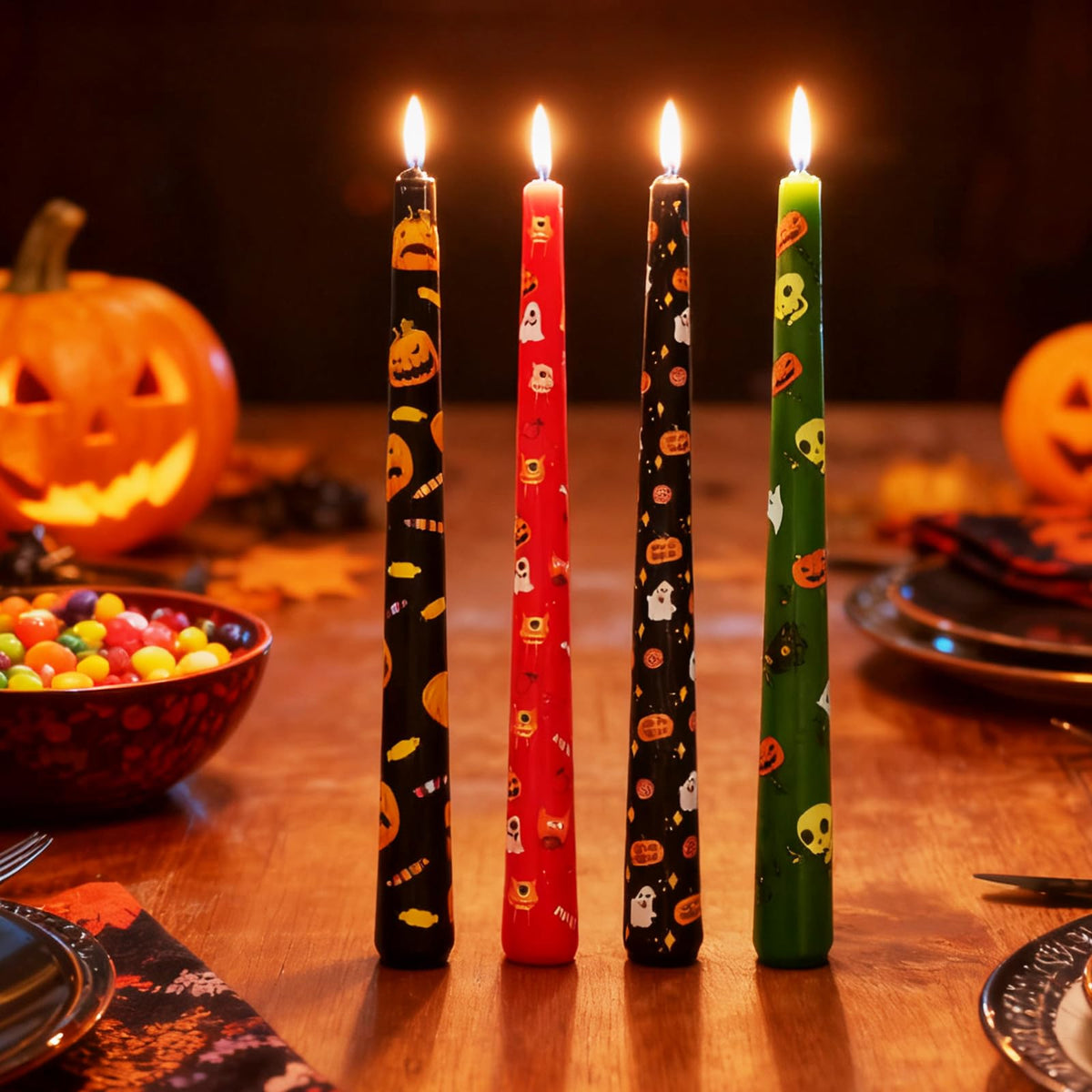 FYBW 10-Inch Halloween Taper Candle Set of 4,Pumpkin Skeleton & Bat Prints, Spider Web Spooky Dinner Candles, Gift for Festive Halloween Day Decoration