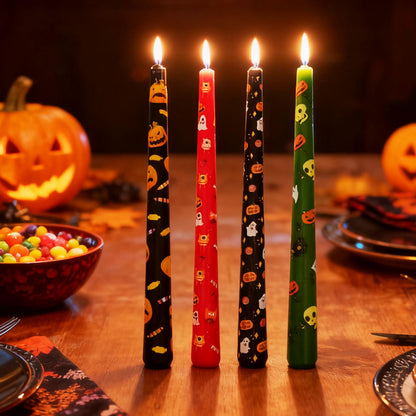 FYBW 10-Inch Halloween Taper Candle Set of 4,Pumpkin Skeleton & Bat Prints, Spider Web Spooky Dinner Candles, Gift for Festive Halloween Day Decoration