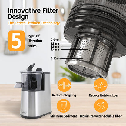 VITAPLUS Stainless Steel Auger Cold Press Juicer, AC Motor Slow Masticating Juicer, Plastic-Free Extractor for Whole Fruits & Vegetables, 5.8" Wide Chute, BPA-Free, Easy to Clean, FDA21 CFR Tested