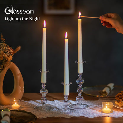 Glasseam Glass Tapered Candlestick Holders: Set of 3 Clear Candle Sticks Holder Decor with Bobeche Modern Ribbed Taper Candle Holders for Table Centerpiece Christmas Wedding Home Decorations