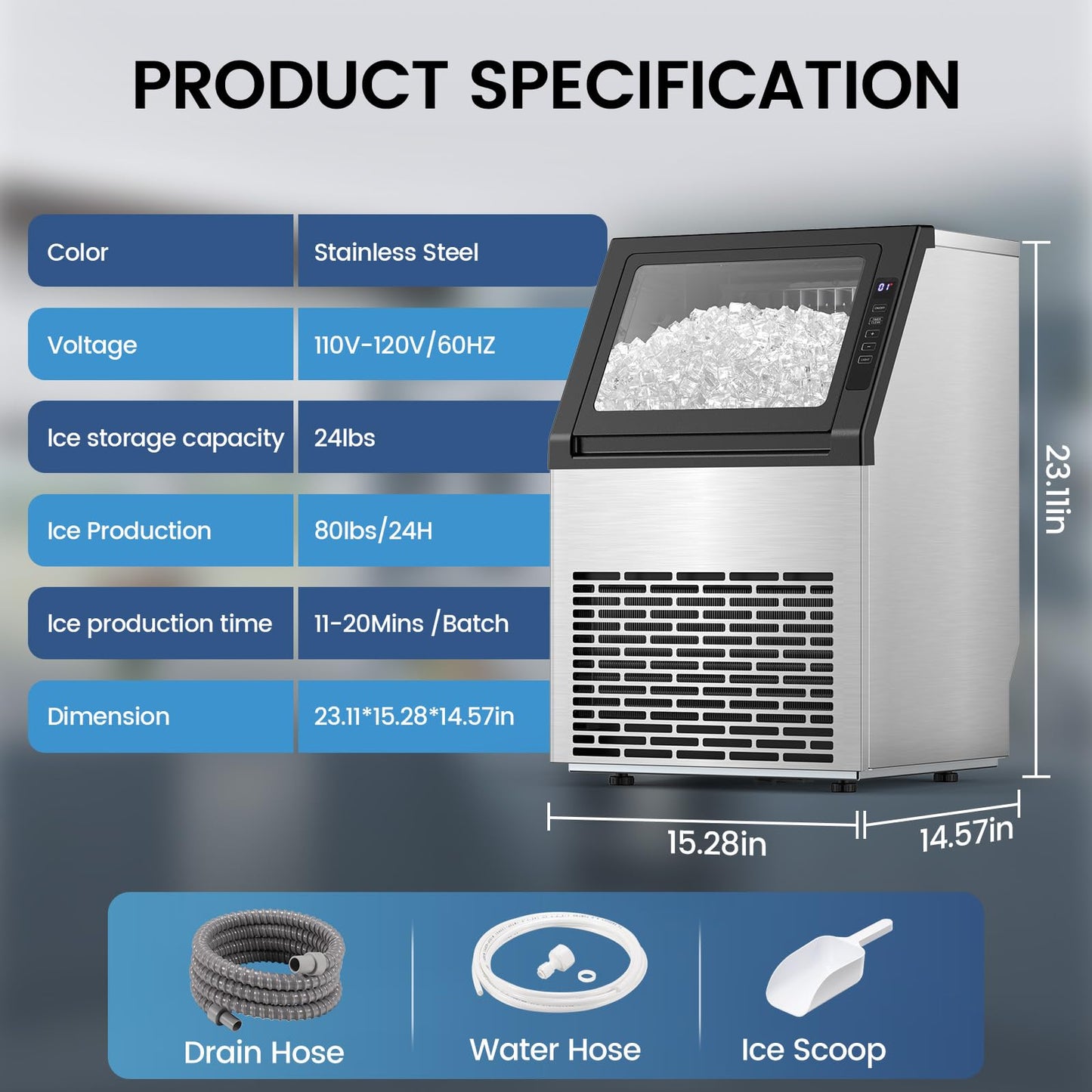 Commercial Ice Maker Machine, 80Lbs/24H Under Counter Ice Maker, Freestanding with Ice Thickness Control & Stainless Steel, 36 Cubes in 15 Mins, 28Lbs Storage Capacity, for Home, Bar, Cafe, Offices