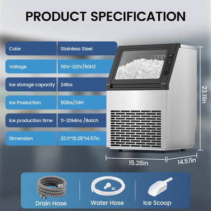 Commercial Ice Maker Machine, 80Lbs/24H Under Counter Ice Maker, Freestanding with Ice Thickness Control & Stainless Steel, 36 Cubes in 15 Mins, 28Lbs Storage Capacity, for Home, Bar, Cafe, Offices