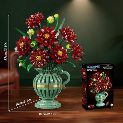 Dahlia Flowers Building Set with Vase Easter Flower Bouquet Botanical Collection Building Block Toy 1482 PCS Gothic Artificial Plant Bonsai Kit Gift for Her Adults Kids Girls 12+