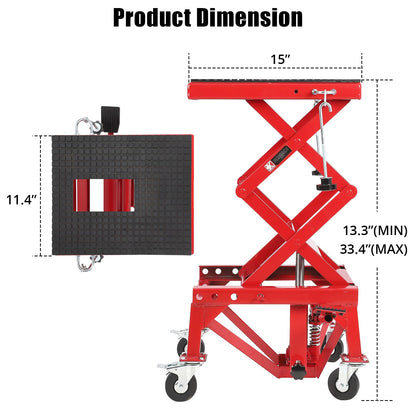 Hydraulic Motorcycle Lift Table, 350 LBS Capacity Foot-Operated Scissor Jack with Wide Non-Slip Deck, 3-Position Safety Pin & 4 Caster Wheels for ATV Dirt Bikes & Motorcycles