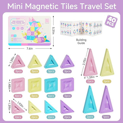 Mini Magnetic Tiles Girls Travel Set: 40 PCS Macaron Building Block with Tin Box - 90 Mins Quiet Play 45s Cleanup - Fly Trip Road Trip Toys for Kids Age 3 4 5 6