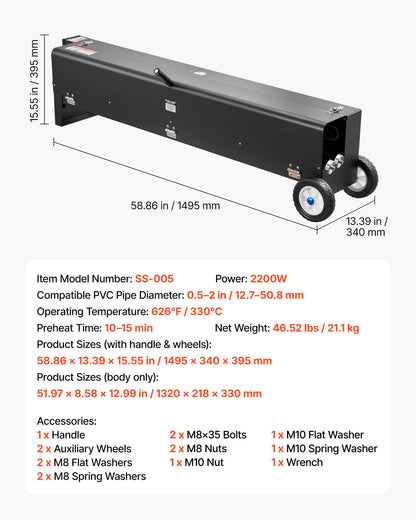 VEVOR Electric PVC Conduit Heater, 1/2" to 4", 2200W Rapid and Even Heating, PVC Bender Heater Pipe Bending Tool with Carrying Handle, Easy to Use, for Construction Crews, DIY Enthusiasts, Workshop