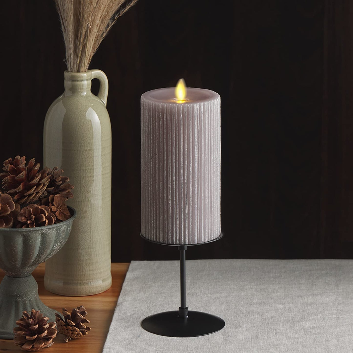Luminara Metallic Embossed Pillar, Grey Flameless LED Candle 3.25" x 6.5", Battery Operated Real Flame Technology w/Timer Function, Paraffin Wax