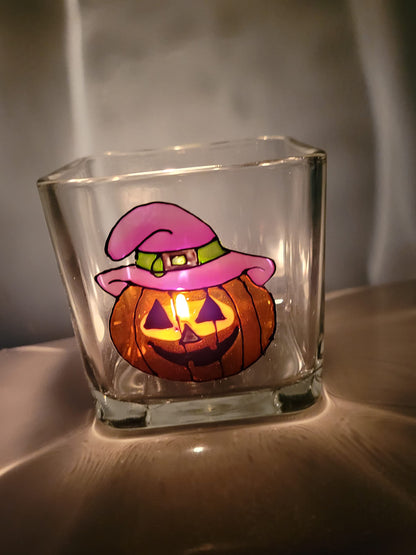 Orange Halloween Pumpkin Hand Painted Stained Glass Square Jack O Lantern Candle Holder