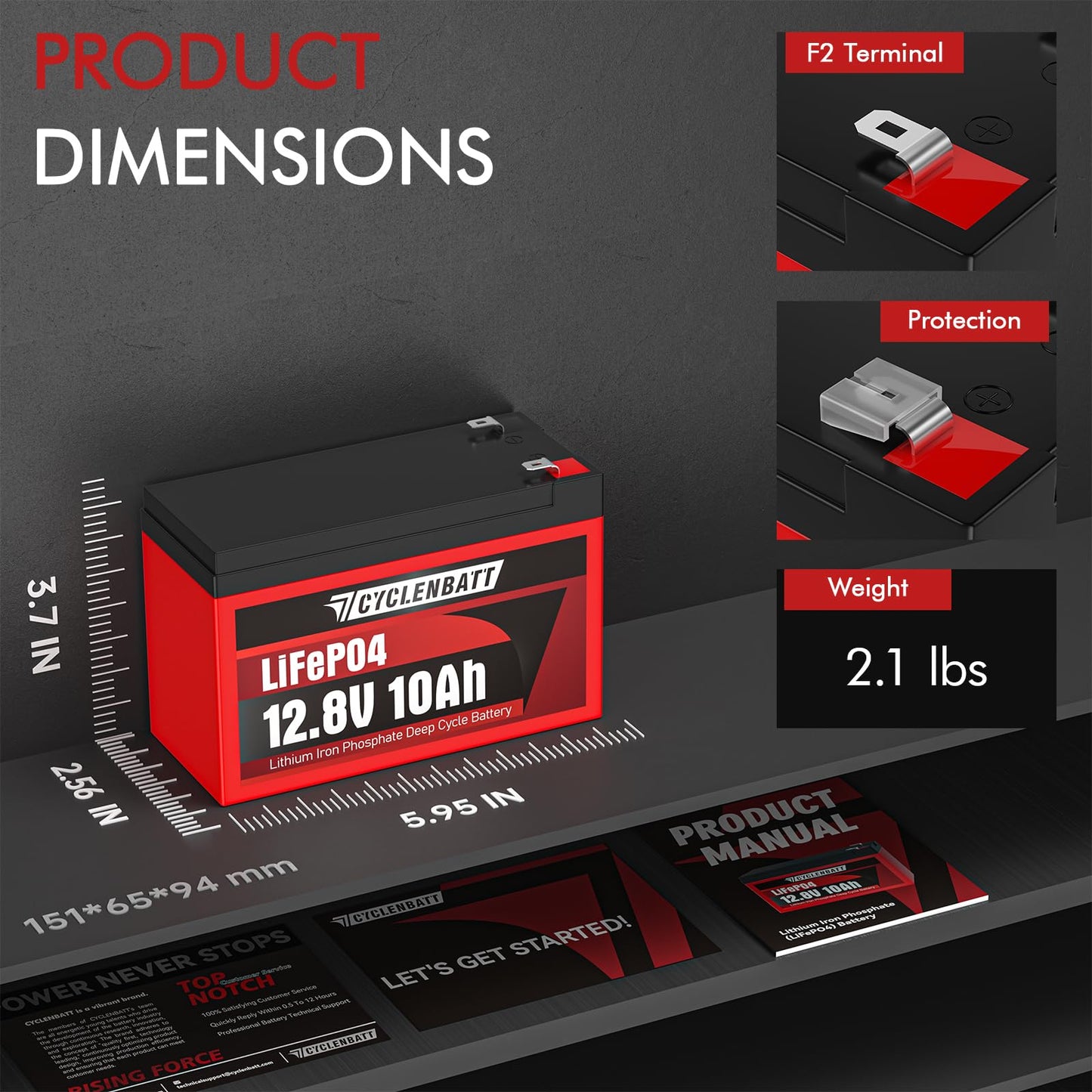 CYCLENBATT 4 Pack 12V 10Ah LiFePO4 Lithium Battery, 5000+ Deep Cycles & 10-Year Life, Lightweight Design with 10A BMS, IP67 Waterproof, Good for Fish Finder, Marine, Solar, Ride-on toy, UPS, HAM Radio