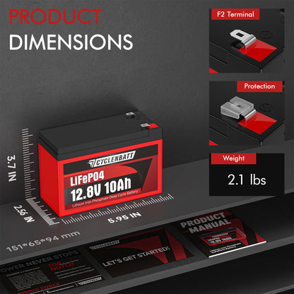 CYCLENBATT 4 Pack 12V 10Ah LiFePO4 Lithium Battery, 5000+ Deep Cycles & 10-Year Life, Lightweight Design with 10A BMS, IP67 Waterproof, Good for Fish Finder, Marine, Solar, Ride-on toy, UPS, HAM Radio