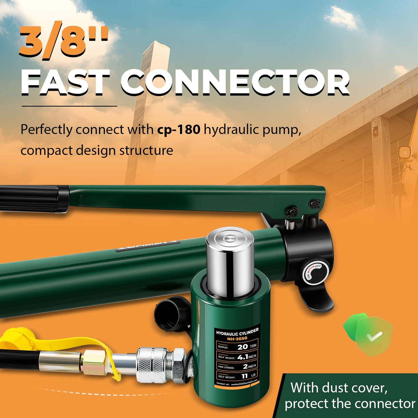 Newhai 20 ton 2” Hydraulic Ram Jack+ cp-180 Hand Pump with Pressure Gauge Hydraulic Porta Power 20 ton Kit Low Profile Short Cylinder