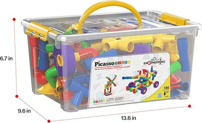 PicassoTiles PTT136 136pcs Tubular Pipes &amp Spout STEAM Interlocking Educational Building Block Set Tube Locks Pipeworks Construction Blocks w/Storage Container Box Idea Book Flute Musical Kit