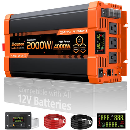 Jlouneo 2000W Pure Sine Wave Inverter, 12V DC to 120V AC Power Inverter, 4000W Peak for RV, Truck, Solar, Camping, Home Backup Use, with 3 AC Outlets, Remote Control, Dual LCD Display, Hardwire Port