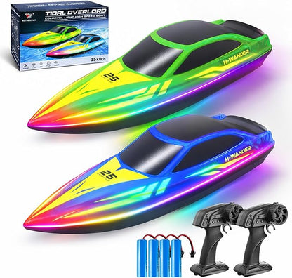 RC Boat 2 Pack Remote Control Boats with 7-Mode Colorful LED Lights 10 Inch RC Boats 15KM/H High Speed 2.4GHz Remote 3 Speed Modes 4 Batteries for Kids &amp Adults Pool &amp Lake Racing
