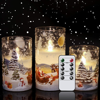 Eldnacele Santa Claus Glass Flameless Candle with Remote Timer Battery Operated Flickering LED Pillar Candles 3 Pack Warm White Light Christmas Decal Candles Set of 3 (D3” x H 4” 5” 6”) – Santa Sleigh