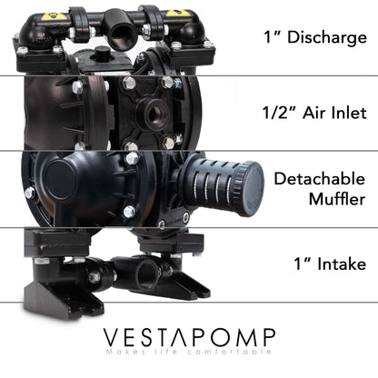 Vestapomp Air Operated Diaphragm Pump - New Version - Diaphragm Pump Air - Waste Oil AODD - Double Pneumatic Transfer (1 inch Discharge, Aluminum Body + Nitrile 40 GPM 100 PSI)