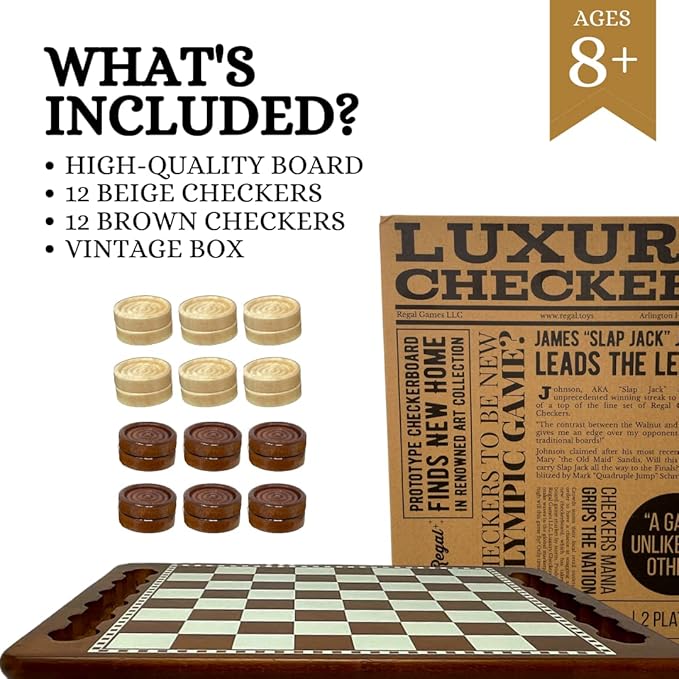 Regal Games Luxury Checkers Board Game for Adults &amp Kids - Classic Wooden Board Game Set with 24 Checkers Pieces - Travel and Portable Table Games (Ages 8+)