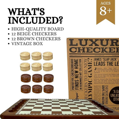Regal Games Luxury Checkers Board Game for Adults &amp Kids - Classic Wooden Board Game Set with 24 Checkers Pieces - Travel and Portable Table Games (Ages 8+)