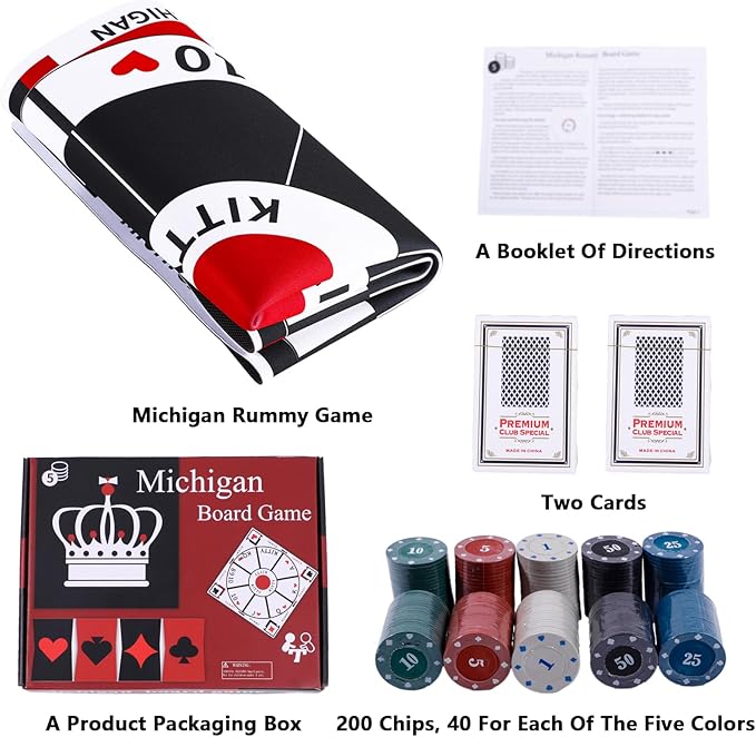 HOROW 23.6 Inches Tripoley Game Tripoli Board Game Anti-Slip MatCombination of Michigan Rummy Hearts and Poker200 Pokers2 Boxes of Cards1 Storage Bag