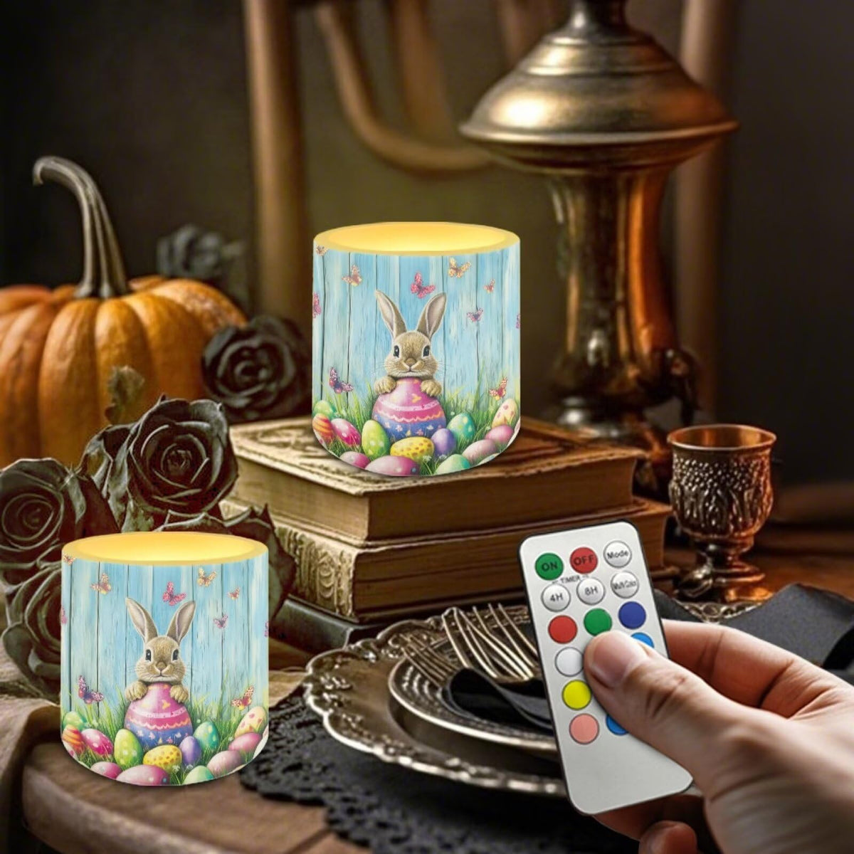 Merkmak 4 Pack Easter Day Flameless Candles with 18-Key Remote Battery Operated Candles with Timer Control LED Pillar Tea Lights for Party Home Decoration, Easter Egg Bunny Butterfly