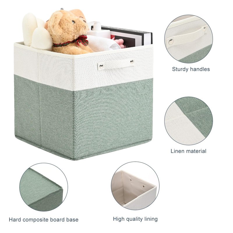 FinishingBo 13 x 13 Inch Fine Linen Storage Bins with Handles，Fabric Cube Boxs，Basket Organizers for Shelves for Home, Closet Drawers (White/Green-4 Pack )