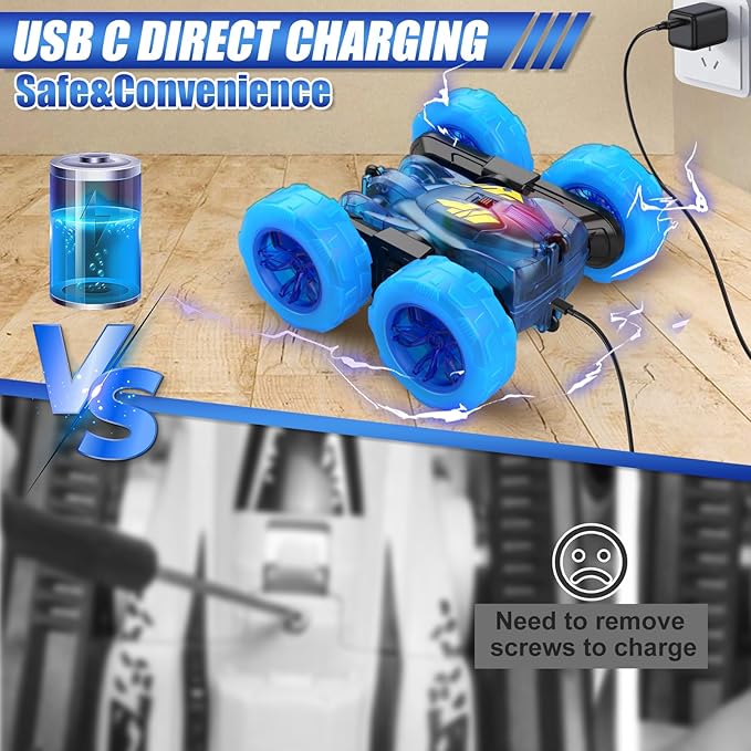 Remote Control CarStunt RC Cars For Kids with Colorful LightFast USB-C ChargingDouble-Sided 360° Rotating Rechargeable 4WD RC Truck Car Toys for Ages 5-7 Gift for Boys Girls Ages 8-12(Blue)