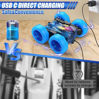 Remote Control CarStunt RC Cars For Kids with Colorful LightFast USB-C ChargingDouble-Sided 360° Rotating Rechargeable 4WD RC Truck Car Toys for Ages 5-7 Gift for Boys Girls Ages 8-12(Blue)