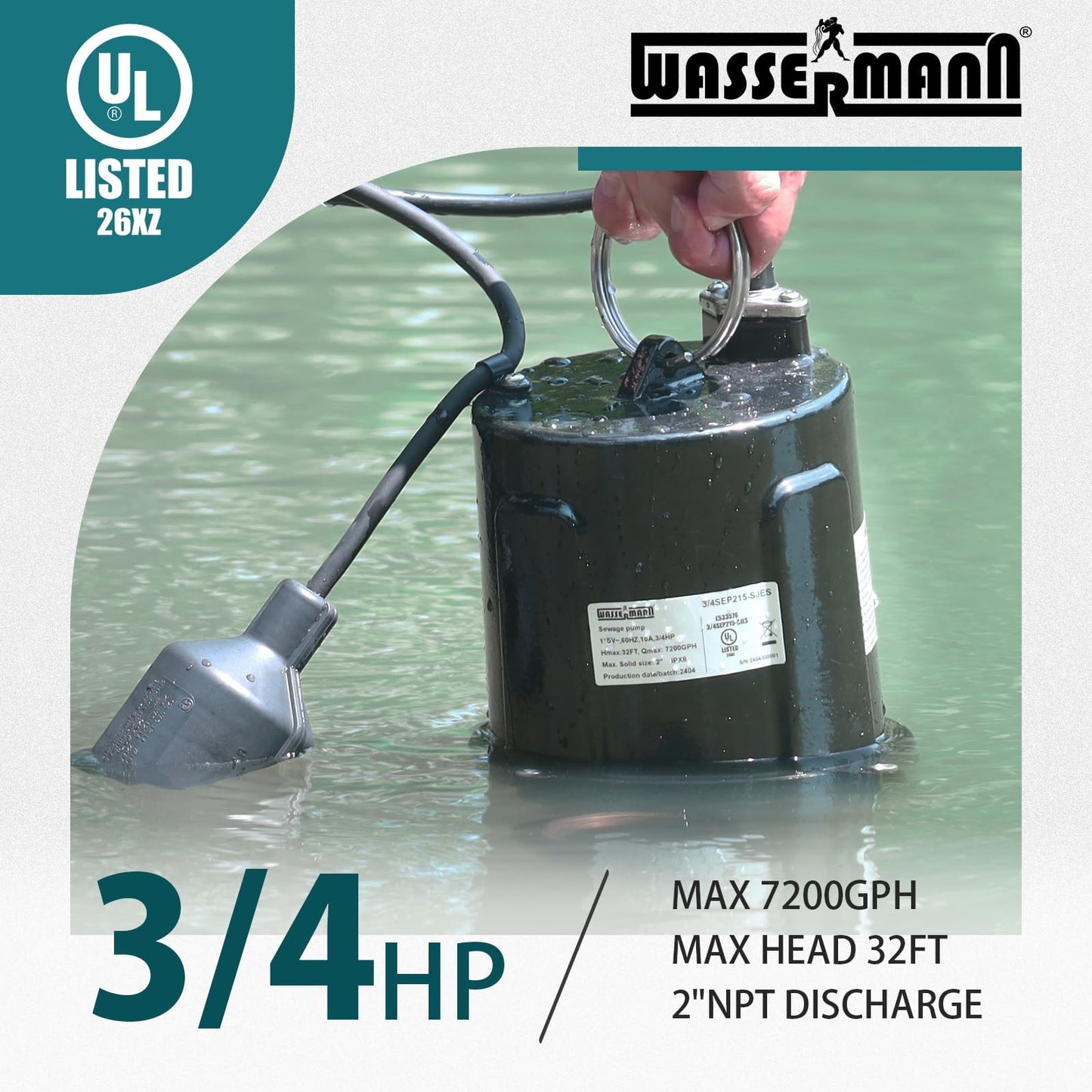 WASSERMANN 3/4 HP Sewage Pump 2 inch Discharge with Auto Float Switch, 115V 7200 GPH Cast Iron Submersible Sewer Pump, Sump Pump for Basement Sump Basin Sewer Well 2" NPT Discharge with 10 FT Cable
