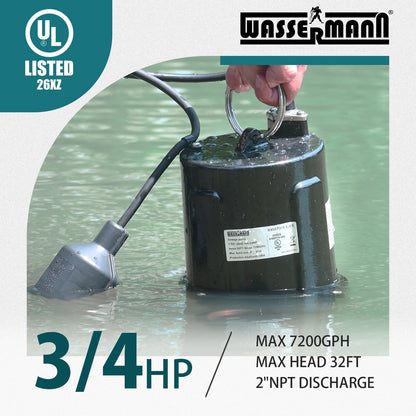 WASSERMANN 3/4 HP Sewage Pump 2 inch Discharge with Auto Float Switch, 115V 7200 GPH Cast Iron Submersible Sewer Pump, Sump Pump for Basement Sump Basin Sewer Well 2" NPT Discharge with 10 FT Cable