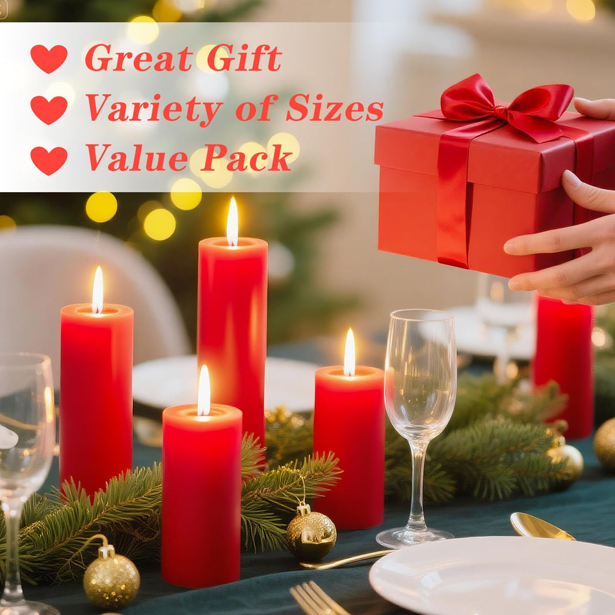 Veiuwa 36 Pcs Red Pillar Candles Bulk Set，Hurricane Candles，3 Different Lengths (12 Each)，Dripless Unscented Smokeless，Gives You a Better Atmosphere When Organizing Wedding or Event Party.