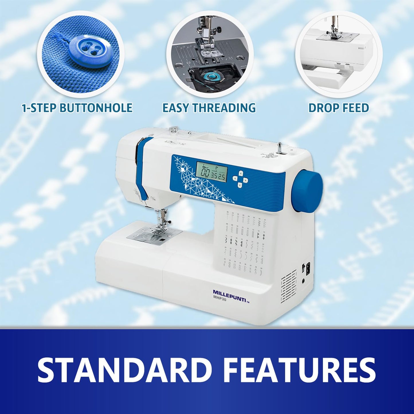 MILLEPUNTI MHP30 Electronic Sewing Machine, Big LCD Display, 40 Built-in Stitches, Accessory Kit, Automatic Needle Threader, Computerized Sewing Machine for Beginners, Seniors, Adults