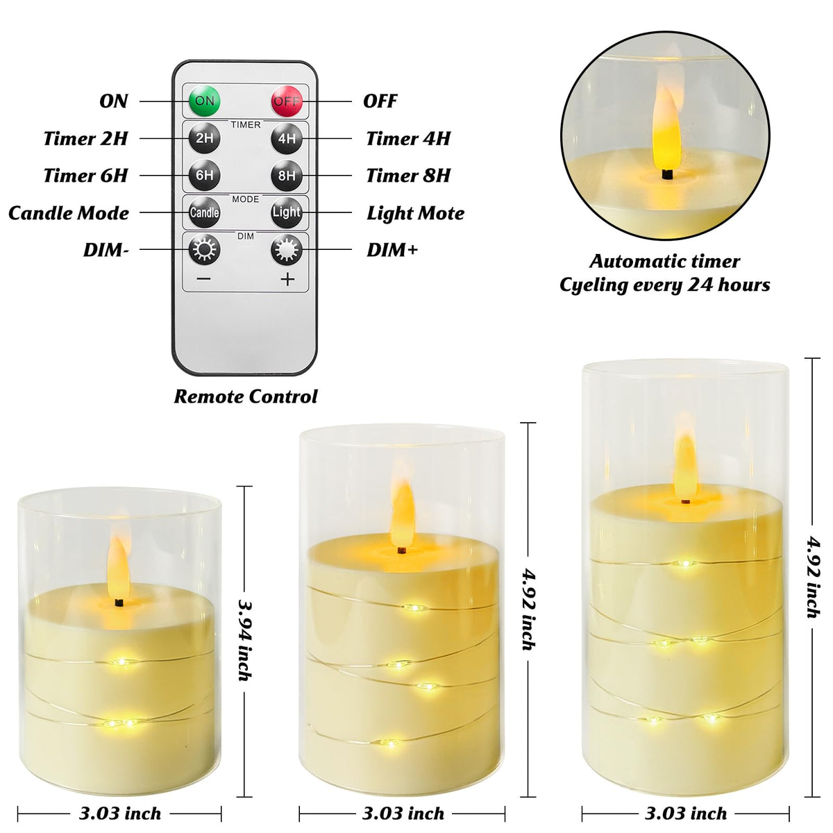 Homwamee Flickering Flameless Candles with Remote Timer- LED Candles Set of 3(4”/5”/6”), Battery Powered Candle in Glass Safe for Home/Wedding/Party/Table