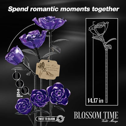 Rose Rotating Everlasting Flower Building Set (866PCS) Compatible Artificial Bouquet Elegant Home/Office Decor Accent for Tabletop Display Long-Lasting Home Decoration (Purple)