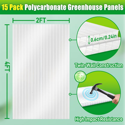 Sinimaka 15 Pack Polycarbonate Greenhouse Panels, 4' x 2' x 0.24'' Twin-Wall Polycarbonate Sheets, Greenhouse Replacement Panels All Weather Clear Roof Panels
