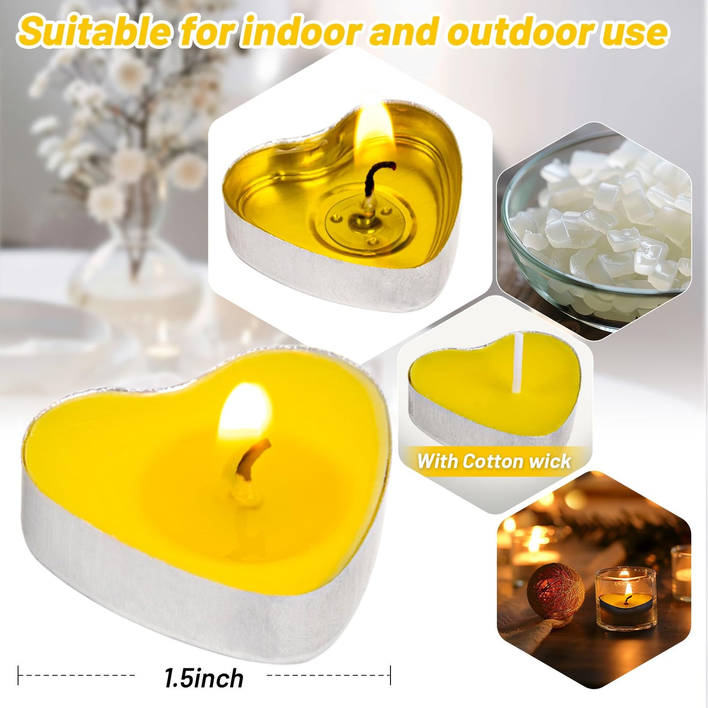 MAQIHAN Tea Lights Candles Set - 30 Pcs Heart Shaped Tealight Candles Smokeless Tea Candle Unscented Soy Candle for Dating, Weddings, Anniversaries(Yellow)